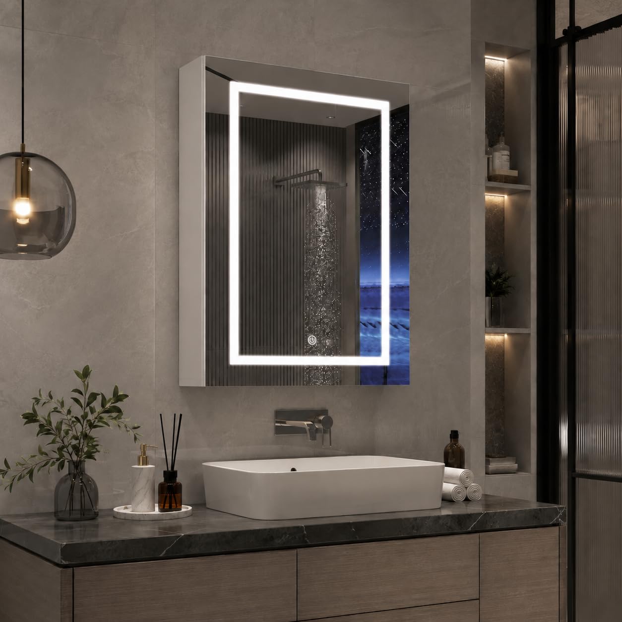 Szafka łazienkowa z lustrem i LED, szafka z lustrem, szafka z lustrem na aptekę z regulowaną półką, regulowana temperatura barwowa (50x70x14 cm)