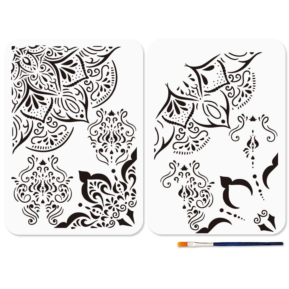 MAYJOYDIY A4 Mandala Stencil for Painting Datura Floral Stencil 29.7×21cm with Paint Brush Reusable Vintage Edge Floral Template for Wood Wall Window DIY Craft Home Decor