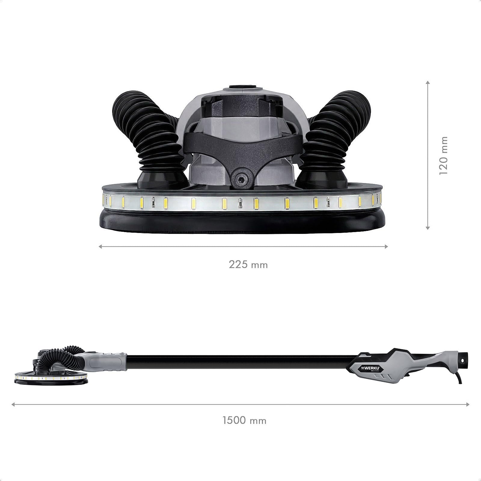 Werku WK403590, Lijadora Circular Rotorbital Paredes-Techos, Calidad Profesional, Potencia 400 W, Disco 225 mm, Órbita 5 mm, Sistema Luz LED Visión, Incluye Disco Lijado y Manguera