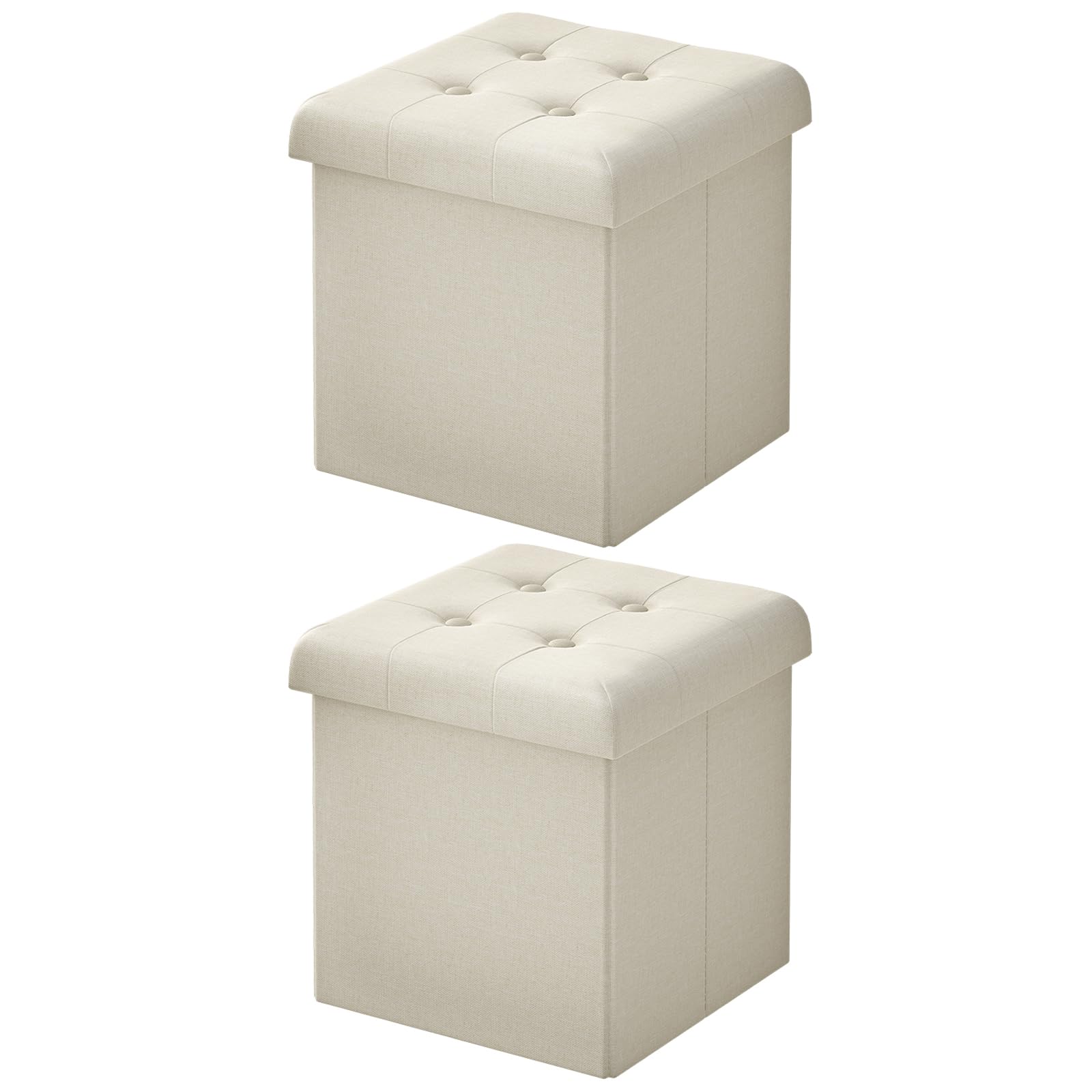 WOLTU Juego de 2 Taburete Almacenaje 17 L, Baúl Plegable de Almacenamiento, Taburete Otomano en Lino Imitado, Taburete Reposapiés Plegable para Cama y Sofá, 30x30x30 cm, Crema