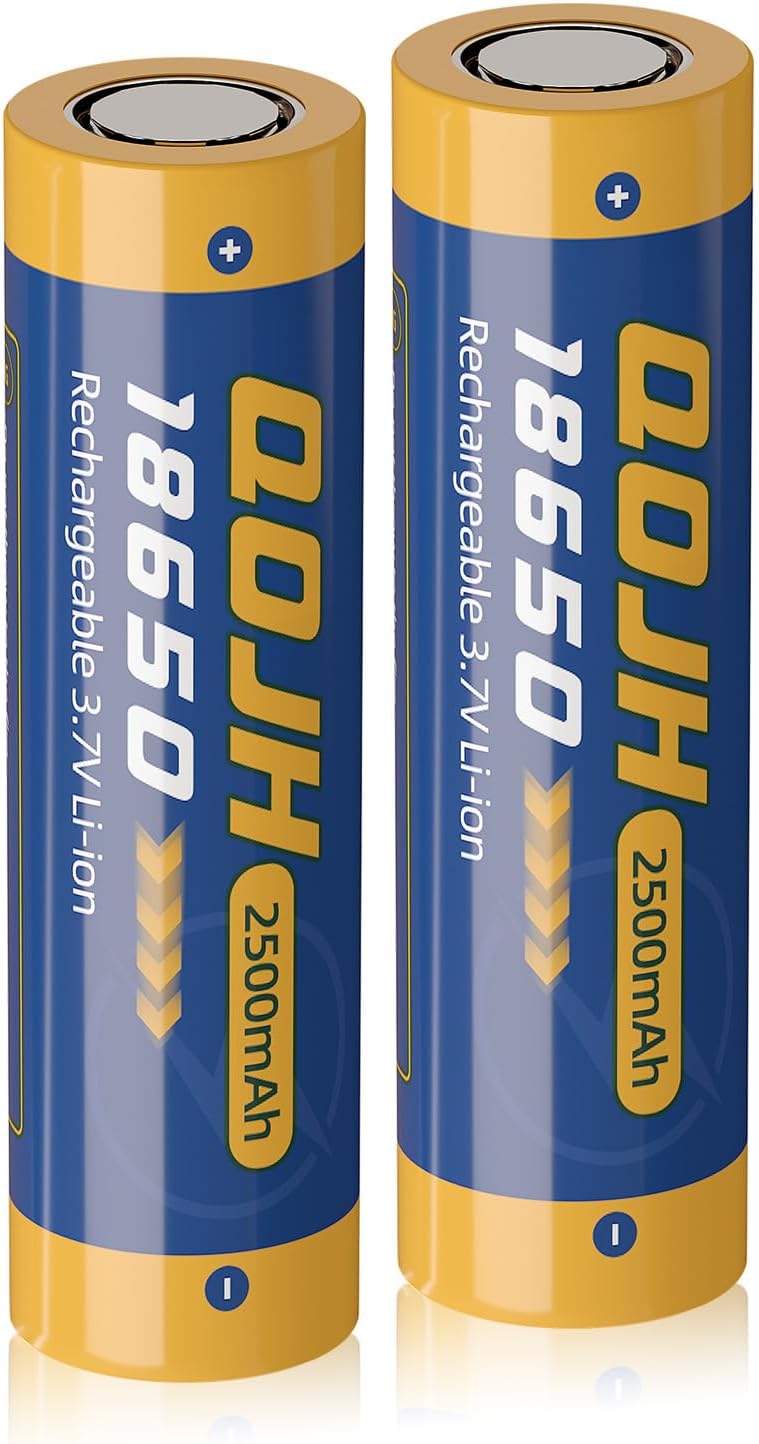 QOJH 18650 Rechargeable Battery Flat Top, 2 Pack 3.7 Volt Real Capacity 2500m...
