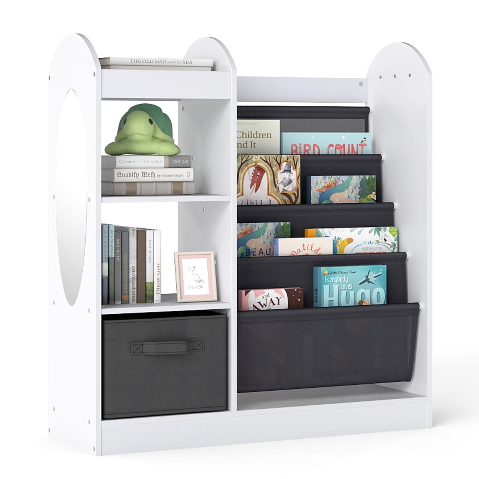 RELAX4LIFE Scaffale Portagiochi Bambini, Libreria con Specchio, 3 Ganci e Cassetto Rimovibile, Scaffale Montessori Bambini per Cameretta, Stanza Giochi e Asilo (Bianco)