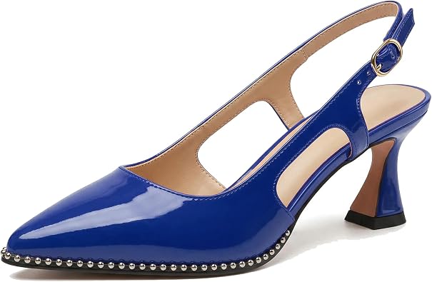 Womens Slingback Pumps with Kitten Heel, Pointed Toe Dress Shoes, Adjustable Buckle Strap, Studded Trim Detail, Elegant Heels for Work Party Evening