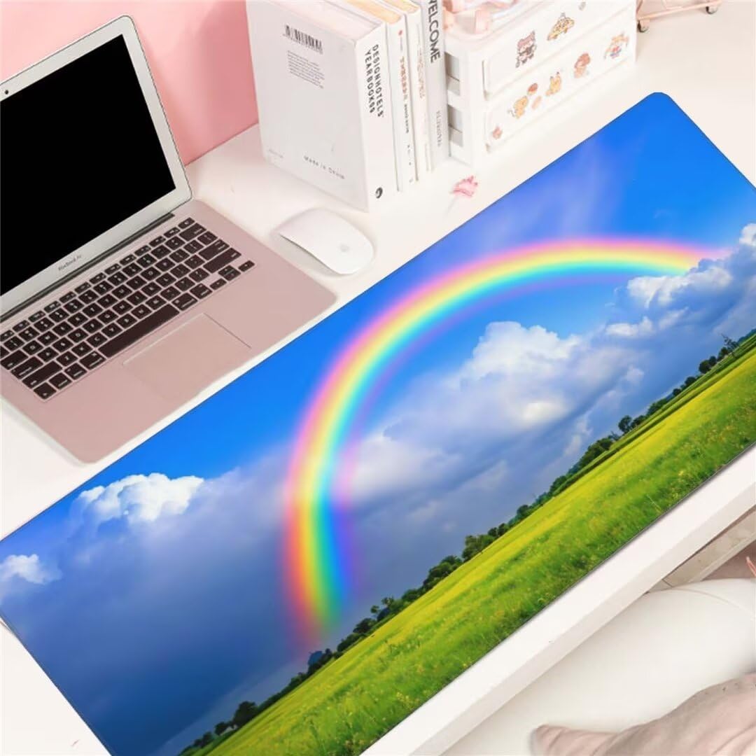 Alfombrilla de ratón 1400x600x3 MM, Alfombrilla Ratón XXL Extendida de Gran Tamaño con Bordes Cosidos, Base de Goma Antideslizante Almohadilla para Teclado, Pradera del Arco Iris S-377