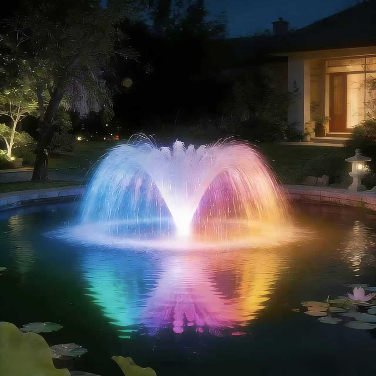 Teichbrunnenbelüfter, Teichbelüfter, mit dynamischer LED-RGB-Beleuchtung, einstellbarer Modi, digitaler Timer, 1 PS 15.000 GPH, 750 W 110 V, 30 m Kabel – für große Teiche, Seen und Wasserspiele im