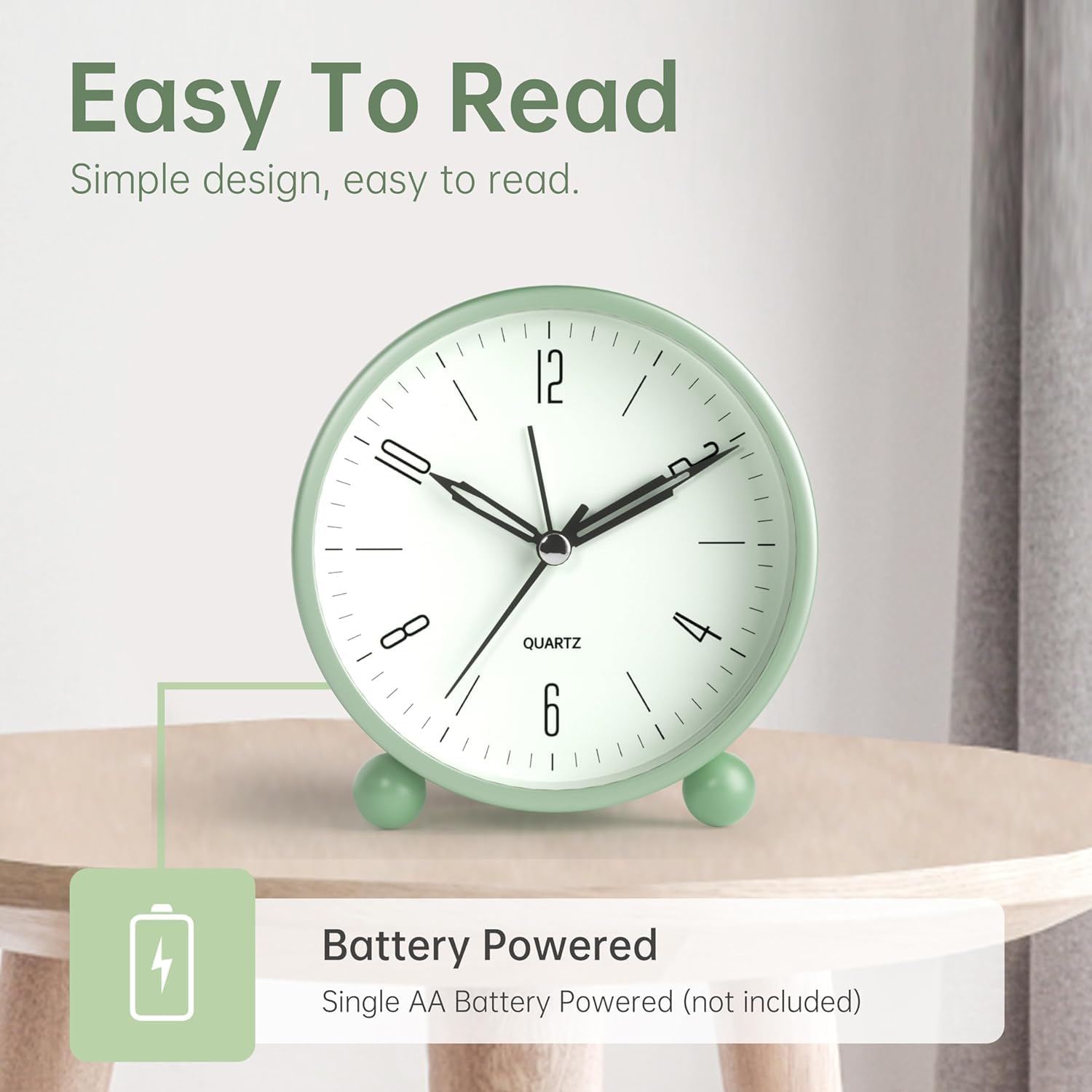 BROCCOLIN Silent Non-Ticking Analog Alarm Clock with Night Light - Battery Operated Minimalist Design for Bedroom, Bedside, Desk - Portable Plastic Clock (AA Battery) 1