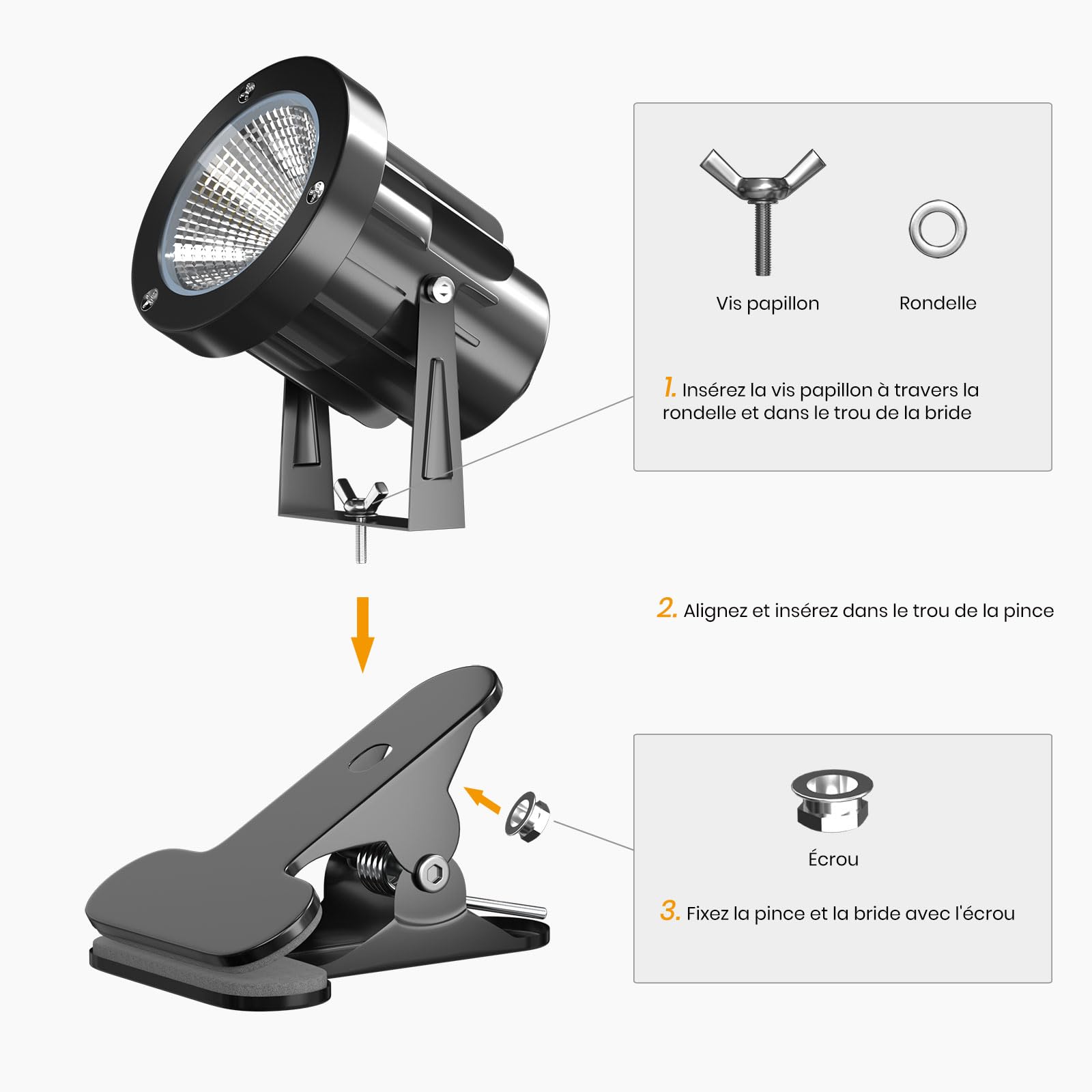 6W RGB LED Spot à Pince avec Télécommande, 15 Lumières RGB + Blanc Chaud 3000K, IP65 Résistant à l'Eau pour Intérieur et Extérieur, Lampe à Pince avec 1,78m Câble et Fiche