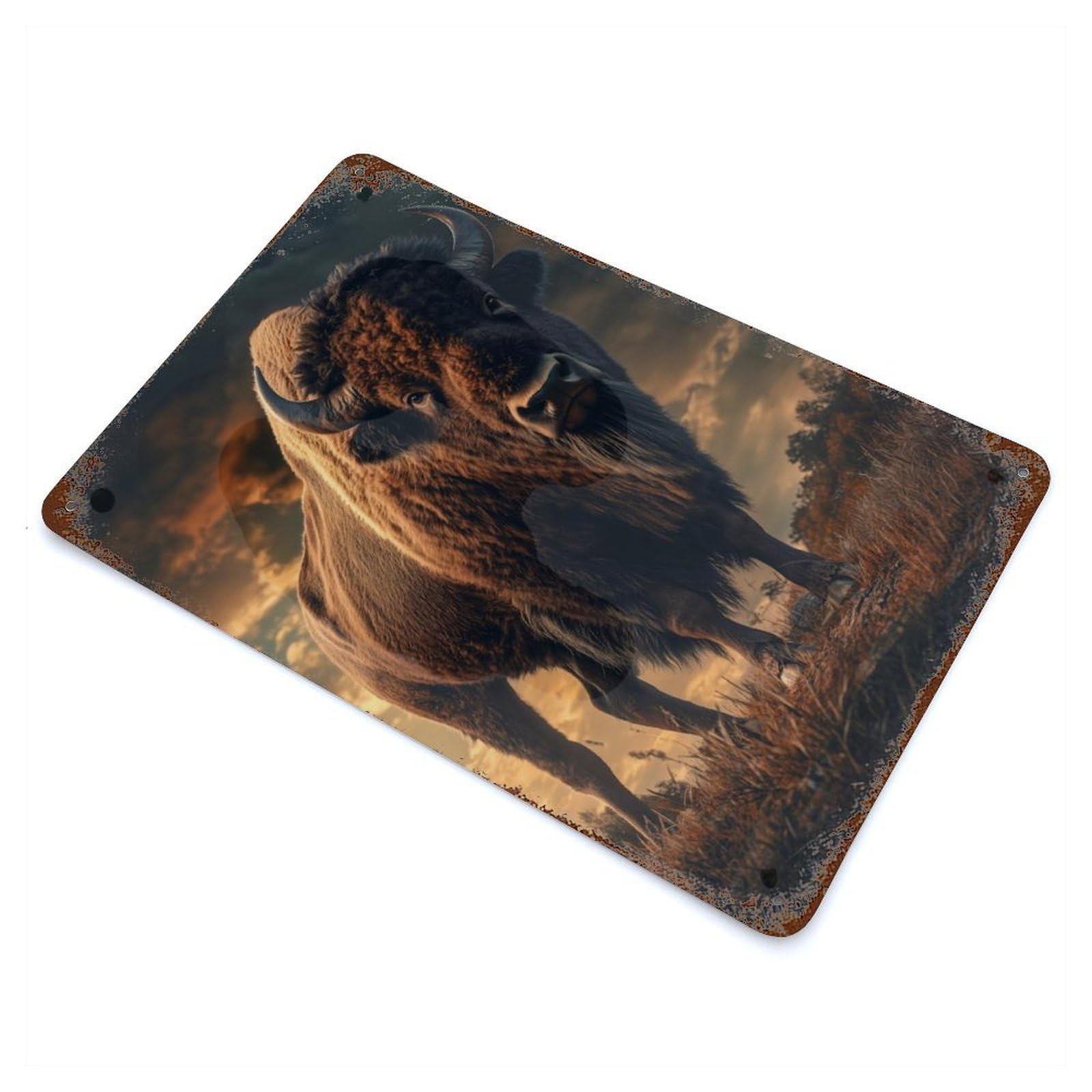 Weathered Tin Sign with Bison’s Stance Design 11.8"x7.9", for Basement, Hobby Room And Garage Decor, Industrial Home Decor
