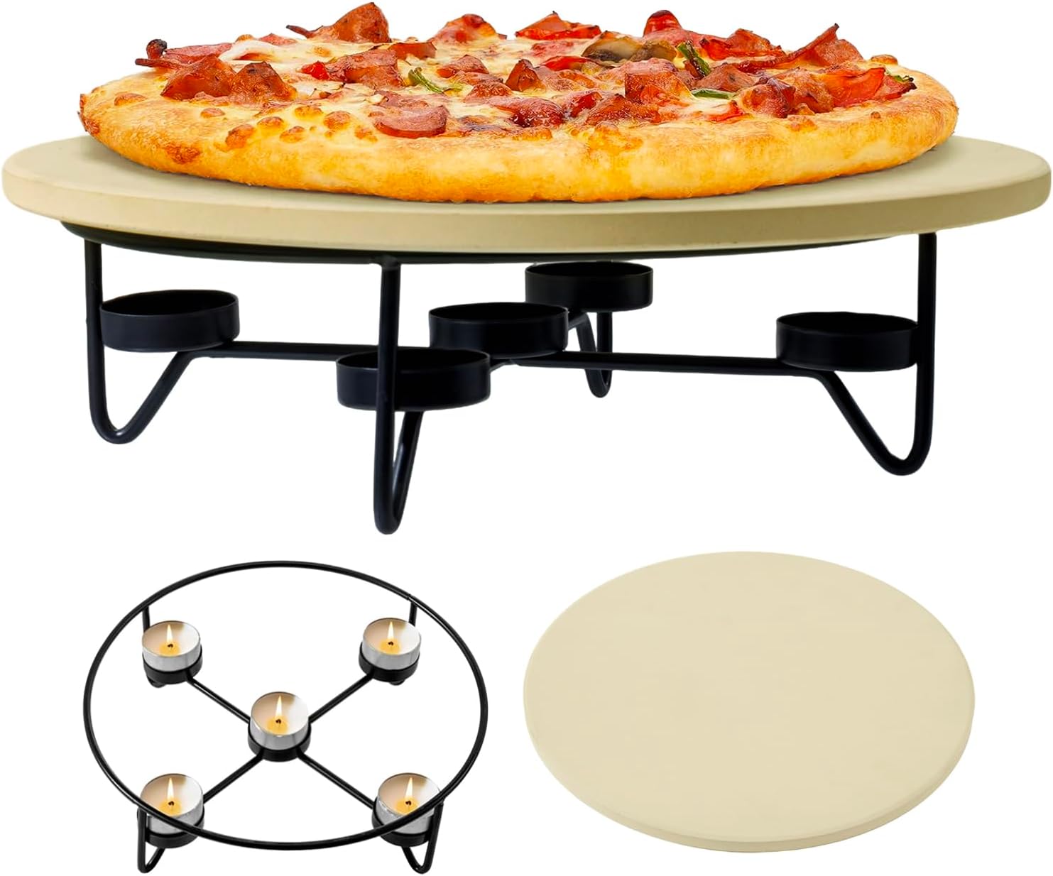 MyGift Pizza Stone with with Warming Tealight Candle Holders, 11.5 Inch Round Bread Warmer Stone, Durable Display Serving Pan for Food, Kitchen, Buffet, Dining Table