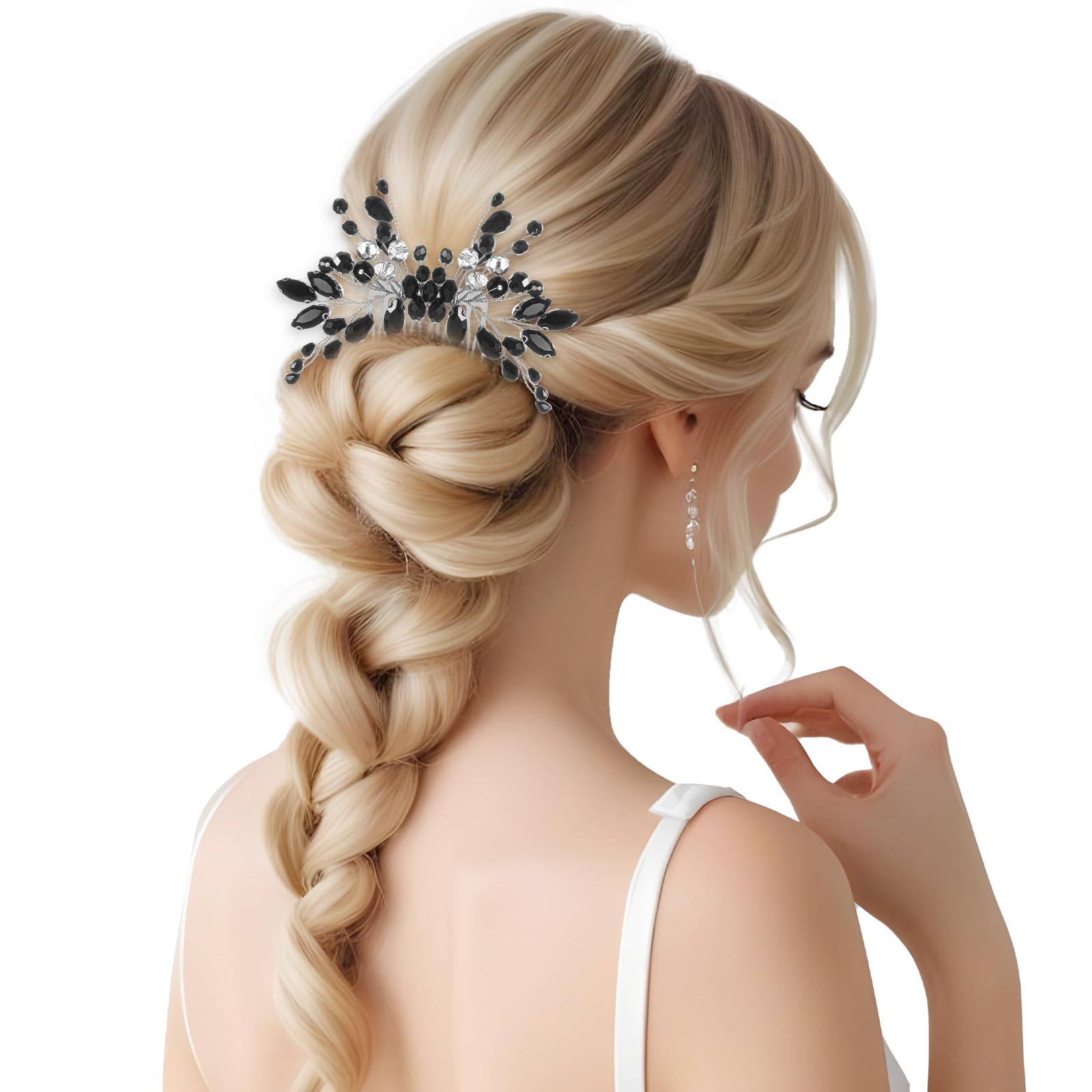 Bridal Hair Comb,Black Teardrop Hair,Bridal Hairs Comb,Black Crystal Side Combs, Flower Headdress Hairs Accessories - Image 4
