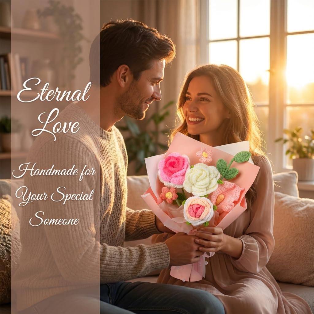 Crochet Flower Bouquet, Handmade Pink Rose, Calla Lily and Daisy, Knitted Flower Gift for Mom, Women, Girlfriend, Long Lasting Flowers for Mother's Day, Birthday, Anniversary