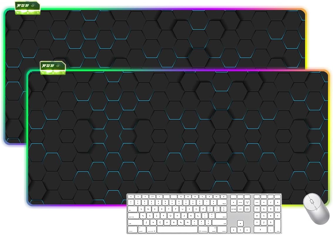 Large Desk Mat Non-Slip Base RGB Gaming Mouse Pad,L 11.8x23.6inch Extended LED Game Mousepad Black and Blue Honeycomb Pattern Big Desk Pad Long Computer Keyboard Pad