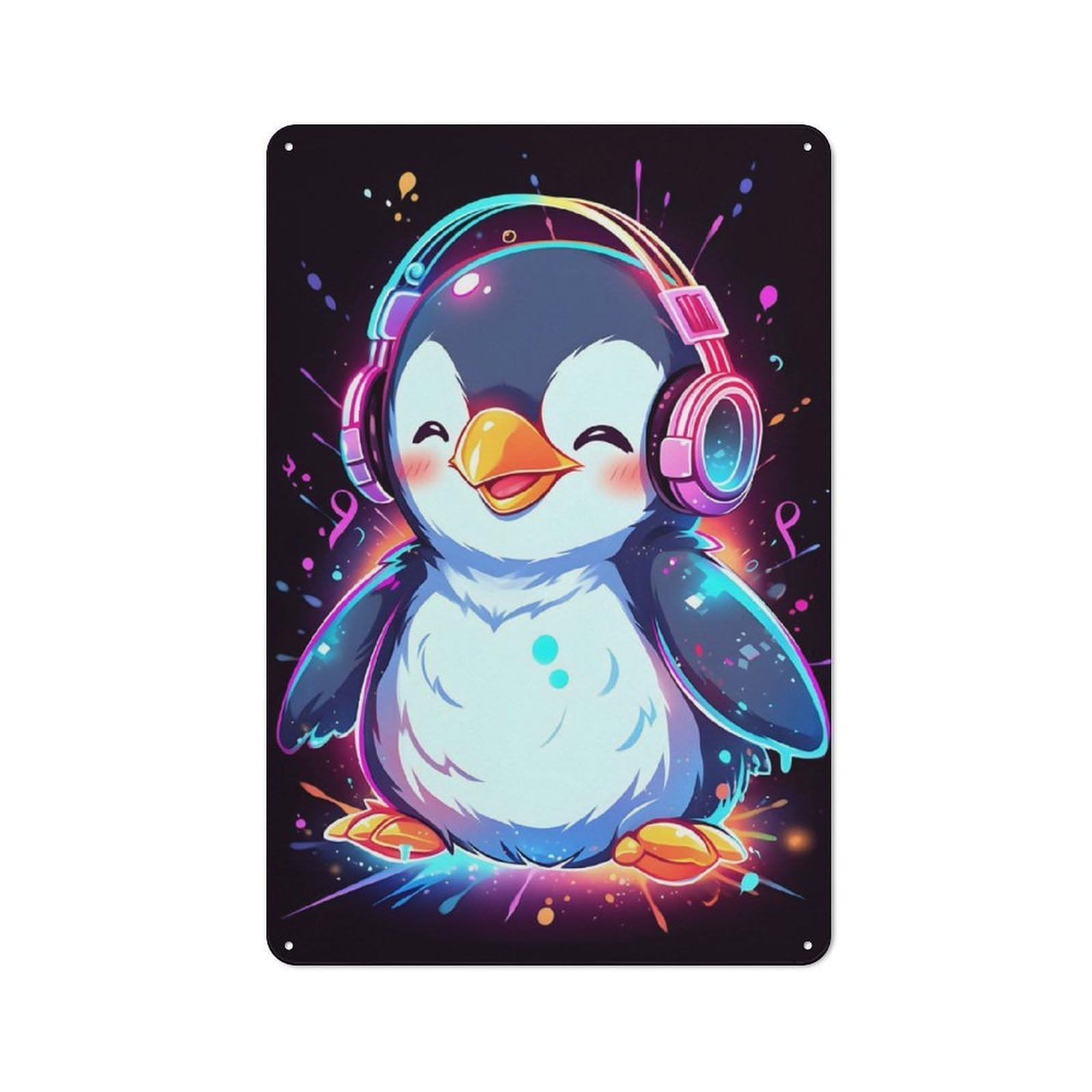 Junmoney Happy Penguin Headphones Vintage Metal Plaque 30X20cm Featuring For Garage Wall, For People Furnishing A Garage