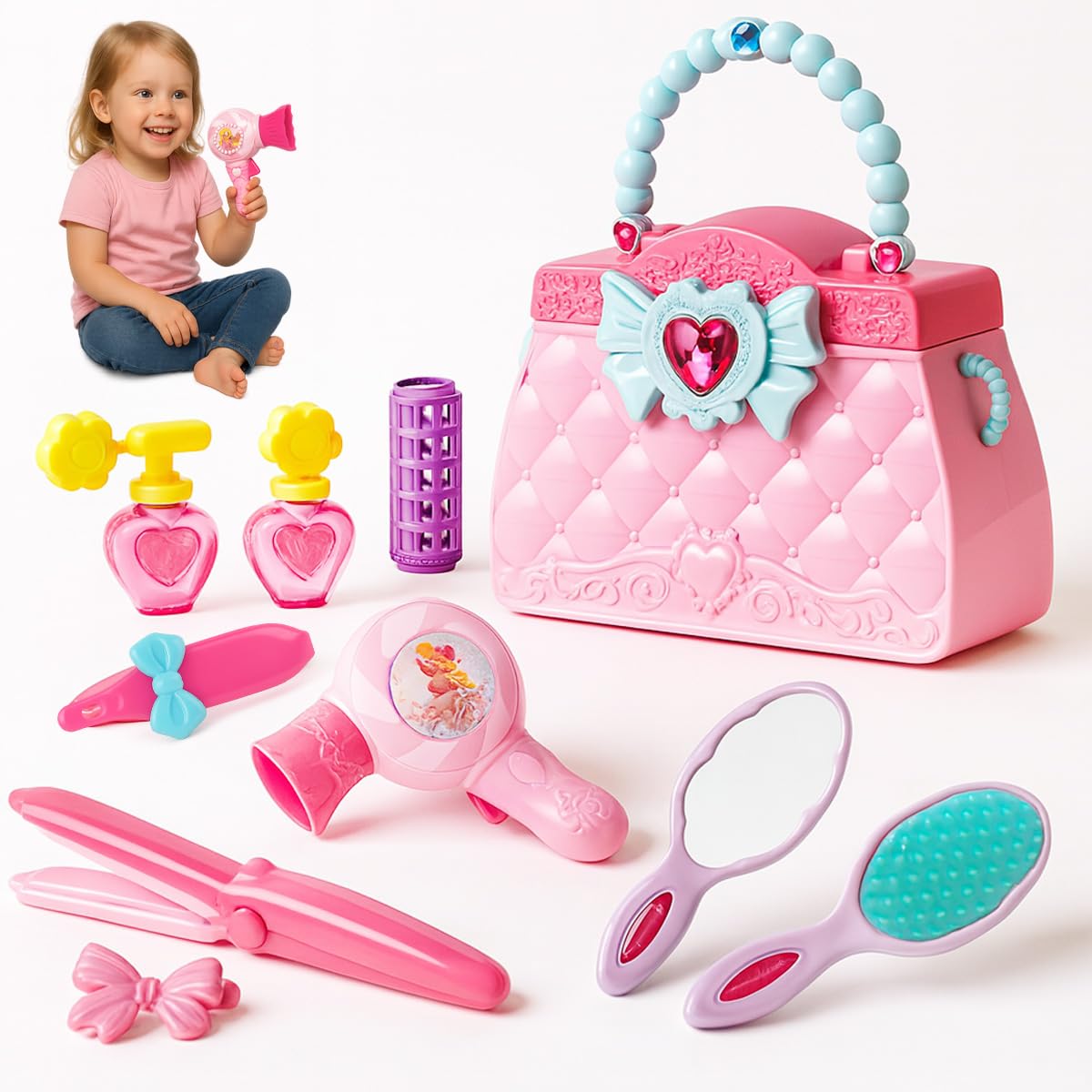 Toyana 10 Pcs Pretend Play Hair Styling Beauty Set Kids Vanity Handbag Kit with Toy Blow Dryer, Straightener, and Mirror Realistic Beauty Salon Playset Stylist Accessories Fun Gift for Girls 3+ Years