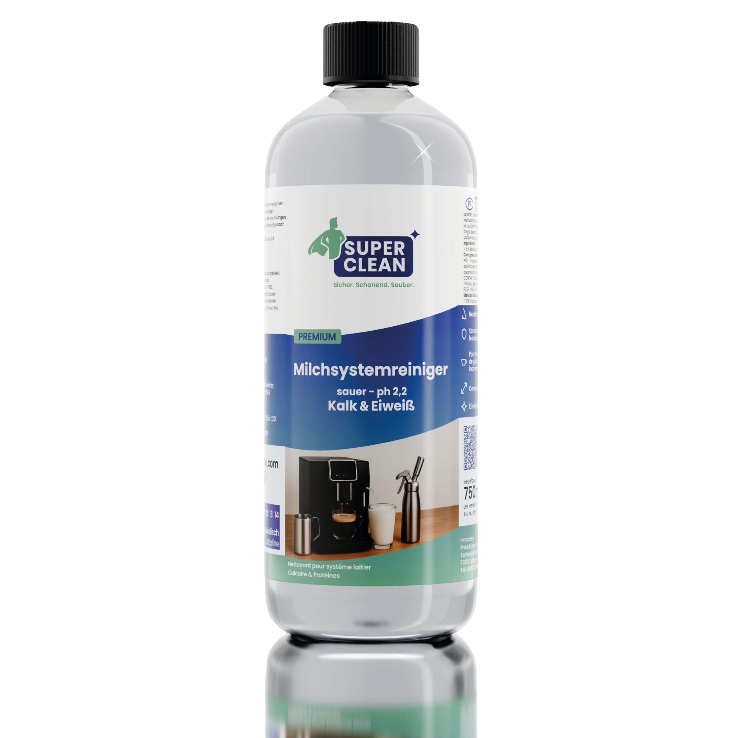 SUPER CLEAN Środek do czyszczenia systemu mlecznego z kwasem, 1 x 750 ml – odkamieniacz i rozpuszczalnik białkowy do ekspresów do kawy, spieniacza do mleka i przyrządu do przygotowywania śmietany, pH