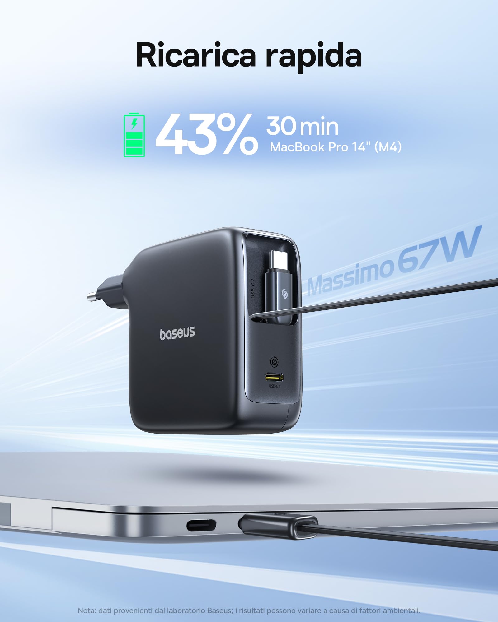 Baseus Enercore Caricatore USB C 67W Con 2X Cavi Arrotolabile, Alimentatore GaN Con Porta USB-C, Caricatore Rapido Compatto Compatibile Con MacBook Pro, HP, Dell, iPad Pro, iPhone 16 Pro, Galaxy S25