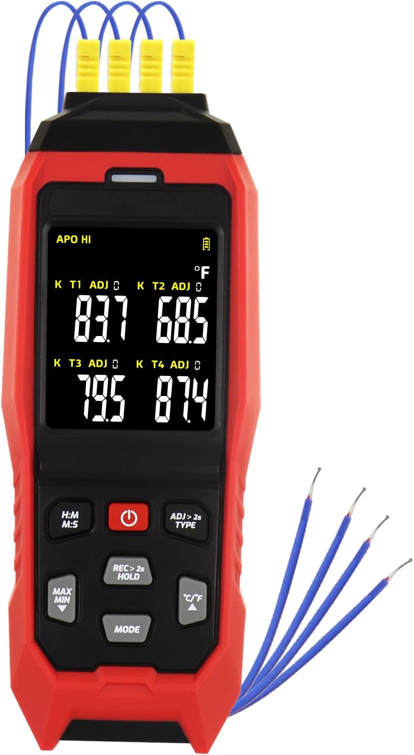 K/J Type Thermometer Data Logger Professional Thermocouple Thermometer with 5000 Groups Temperature Recording, -328~2501℉ Measurement Audible & Visible Alarm, ADJ Compensation Function