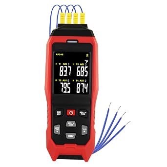 Thermocouple Thermometer 4 Channels Data Logger Portable K Type Thermometer with 5000 Groups Temperature Recording,3282501F Measurement Audible & Visible Alarm, ADJ Compensation