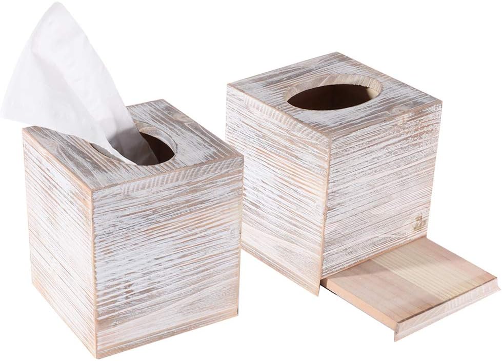 YCOCO Rustic Square Wooden Tissue Box Cover with Slide-Out Bottom Panel for Home Decoration and Bathroom,Square Pack of 2