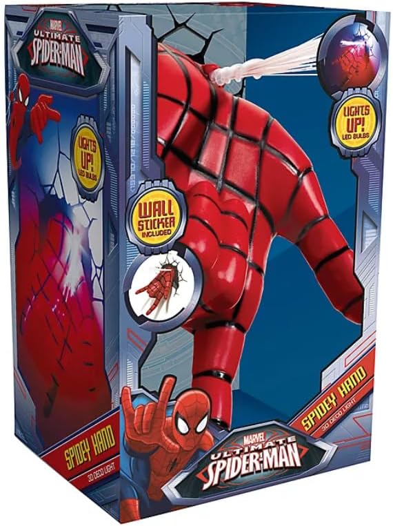 Marvel Spiderman Hand 3D Deco LED Wall Light in its retail box, showing the light unit and the included wall sticker.