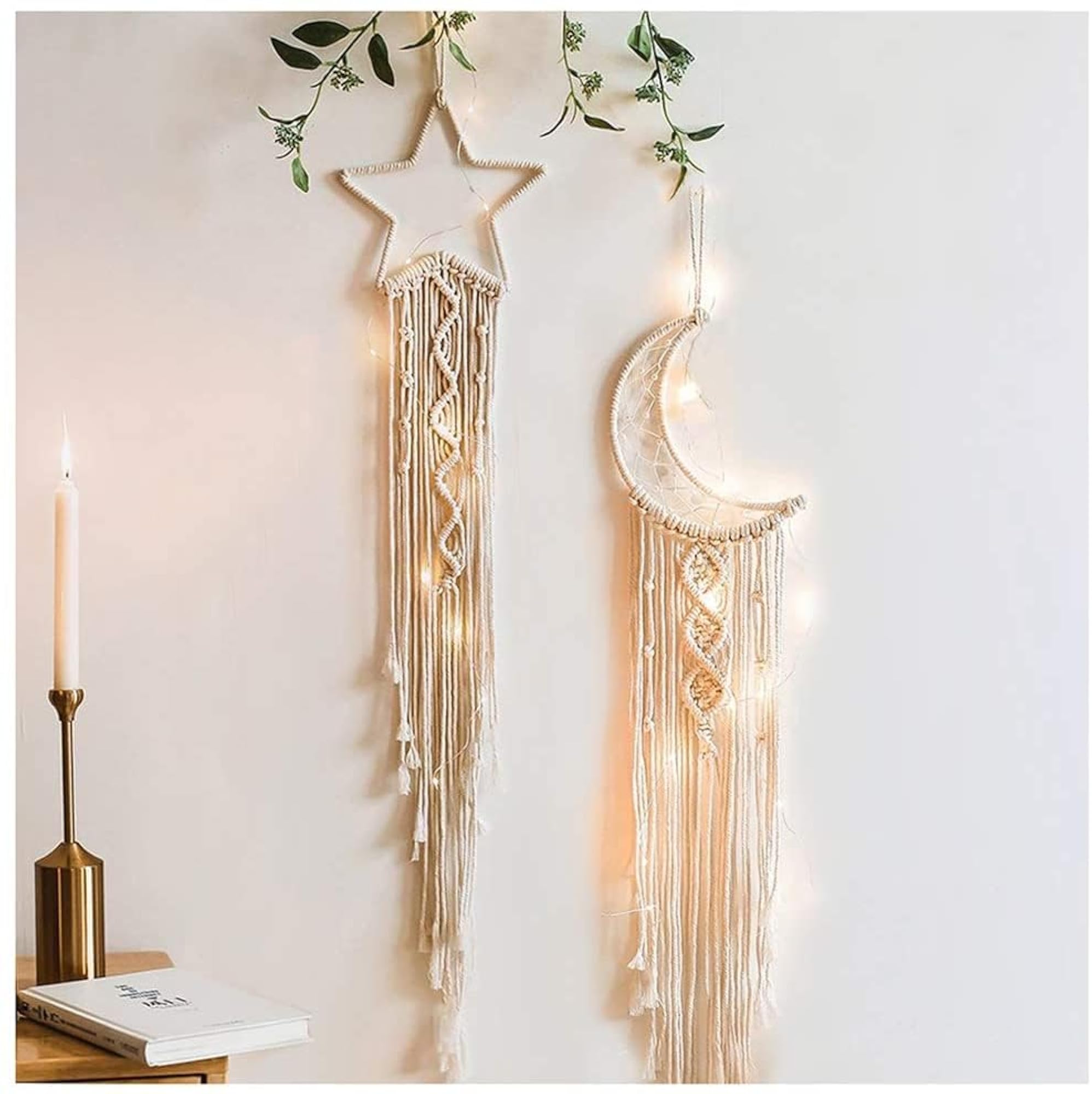(Star & Moon) Macrame Wall Hanging Dream Catcher with LED Light String