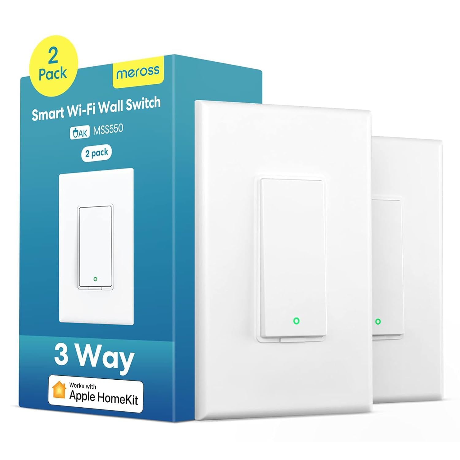 meross 3 Way Smart Switch, Smart Light Switch Supports Apple HomeKit, Siri, Alexa, Google Assistant & SmartThings, 2.4GHz WiFi Light Switch Neutral Wire Required, Remote Control Timer 2 Pack