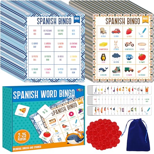 SpriteGru Juego de bingo español, 25 tableros de bingo en español e inglés, juego de palabras bilingües educativos para aprender idiomas, a partir de 5 años (hasta 25 jugadores)