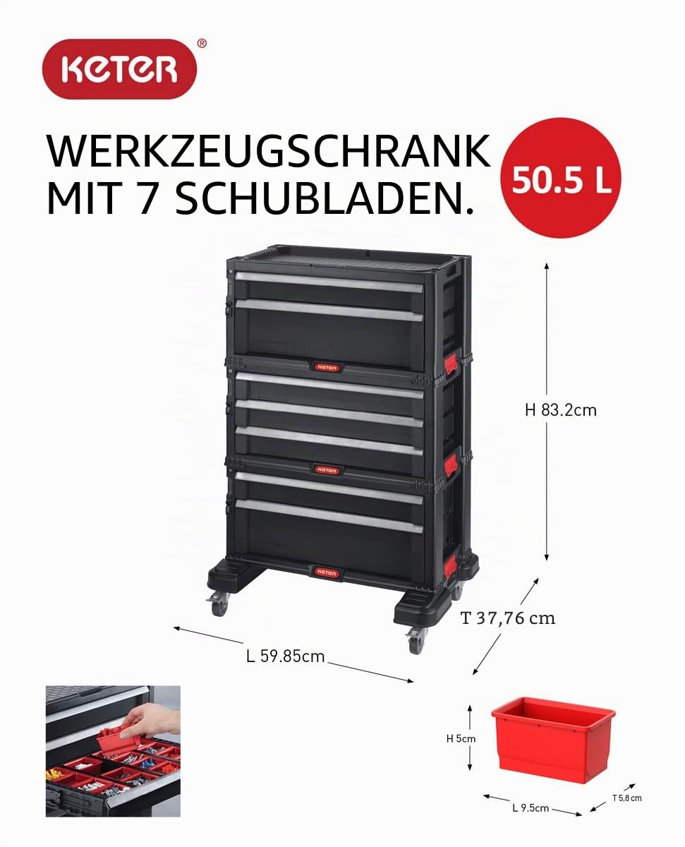 KETER Trolley Modul mit 7 Schubladen – Werkstattwagen für kleine und große Werkzeuge – Abnehmbare Lenkrollen mit Bremsen, 60 x 37,8 x 83,2 cm, Schwarz, mit Kleinteileorganizer, mobile Werkstatt