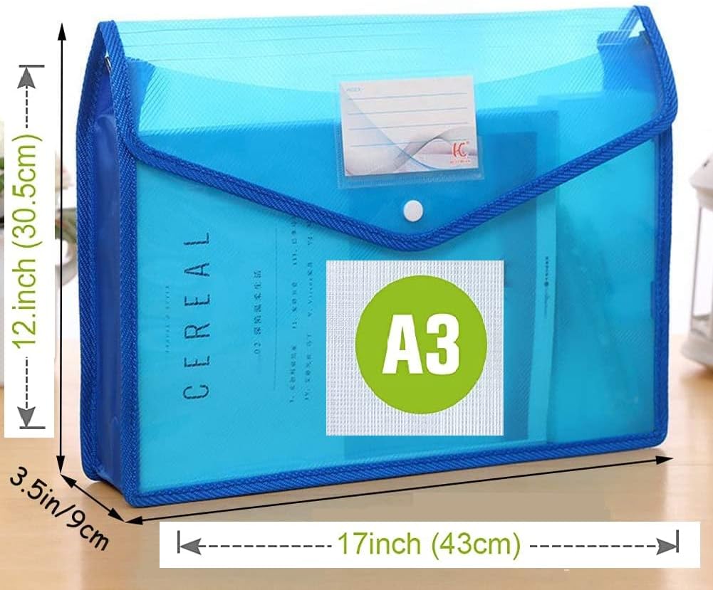 MORE BUY Plastic Envelope Folder, Transparent Poly-Plastic A3 Documents File, Drawing Paper Storage Bag with Snap Button Plastic A3 Size Set of 5