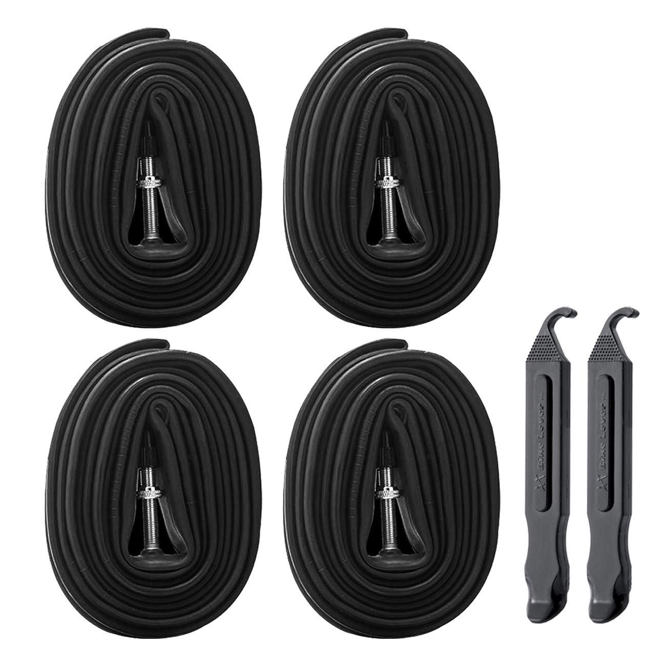 DMLNN 28 700x18-25C Road Bike Replacement Inner Tubes Schrader Valve 48mm for Road Bikes with Tire Size of 700c x 18, 23, and 25 (4 Inner Tubes with 2 Tire Levers)