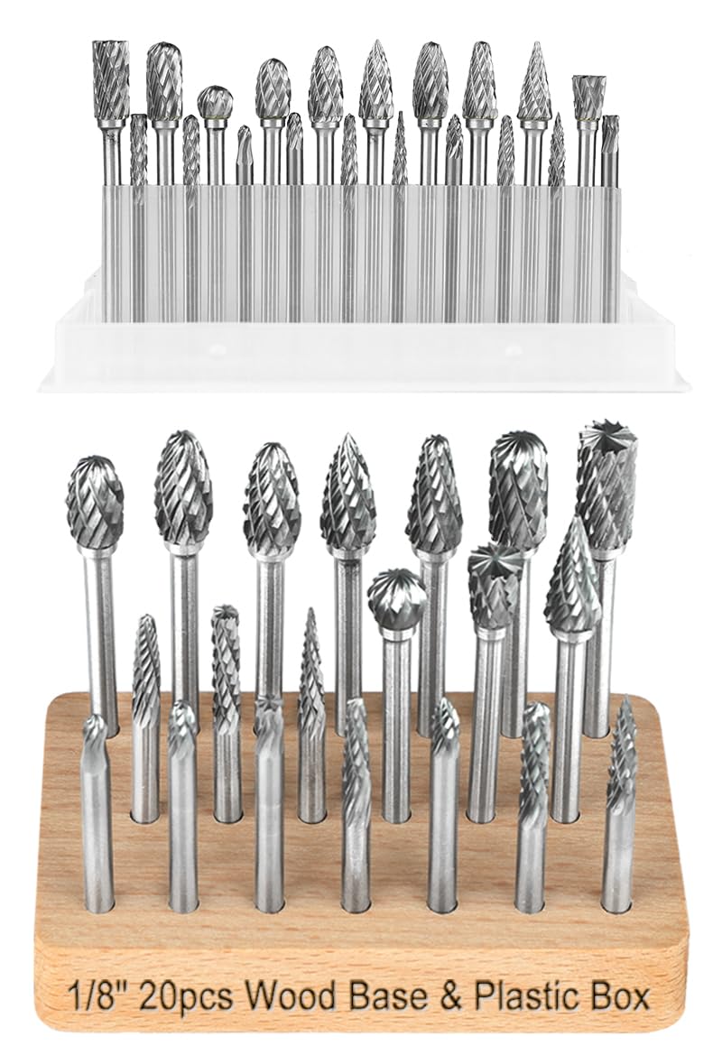 Sworker Tungsten Carbide Burr Set Compatible with Dremel 1/8" Shank 20PCS w/Wood Base Die Grinder Rotary Tool Rasp Bits Kit Accessories Attachments Metal Wood Stone Plastic Carve Cut Grind Clean