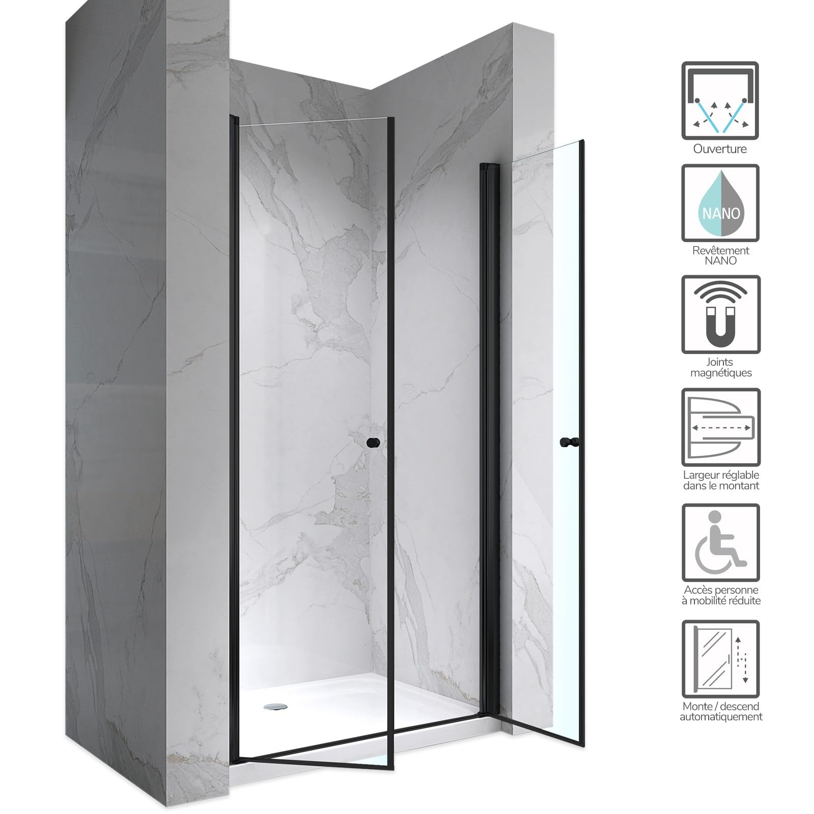 GINA-BLACK Porte de douche H.195 cm, largeur réglable 104 à 108 cm, verre transparent 6 mm, anticalcaire, profilés alu noir