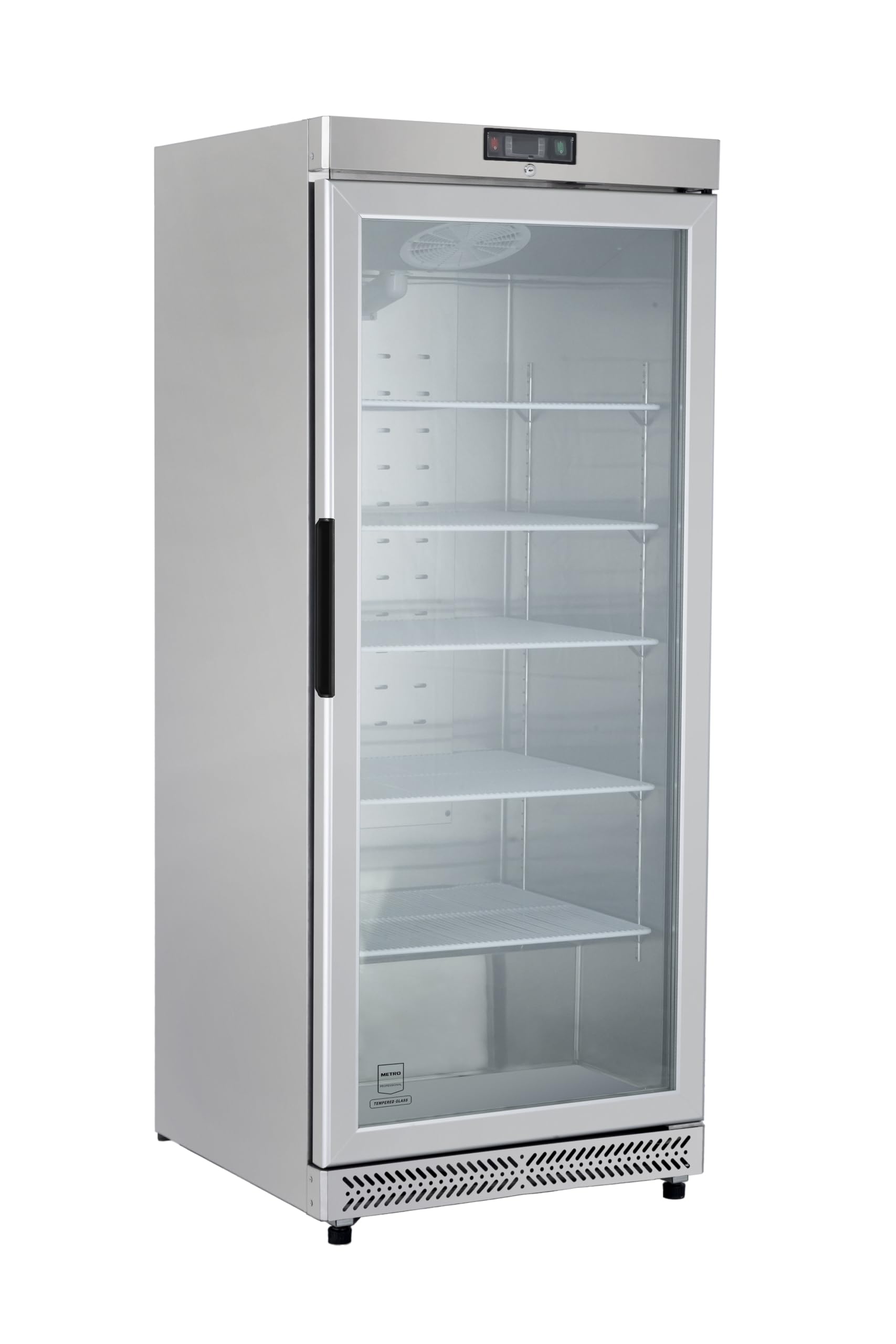 METRO Professional Glastürgefrierschrank GFR6600SG, 380 L, 5 Einlegeböden, LED-Beleuchtung, mit Schloss, 2 Rollen, Silber