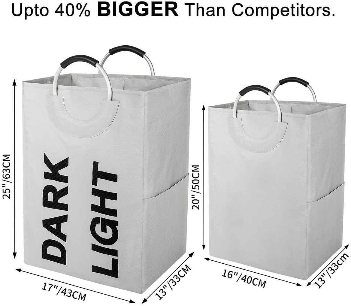 Chrislley Large Laundry Hamper Double Laundry Basket 2 Section Laundry Bag with Handles Foldable Hamper for Laundry Easily Transport Collapsible Clothes Hamper (Light grey)