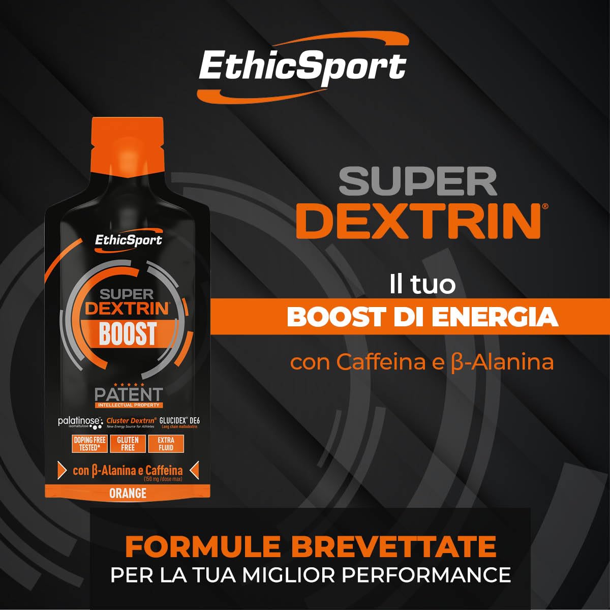 EthicSport - Super Dextrin Boost - Confezione da 20 x 30 ml - Gusto: Arancio - Integratore alimenare energetico con carboidrati di nuova generazione, Beta-Alanina, BCAA, Glutammina.