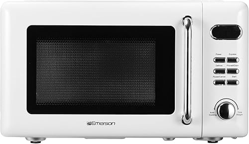 Emerson MWR7020W - Horno microondas compacto para encimera con control de botón, pantalla LED, 700 W, 5 niveles de potencia, 8 menús automáticos,