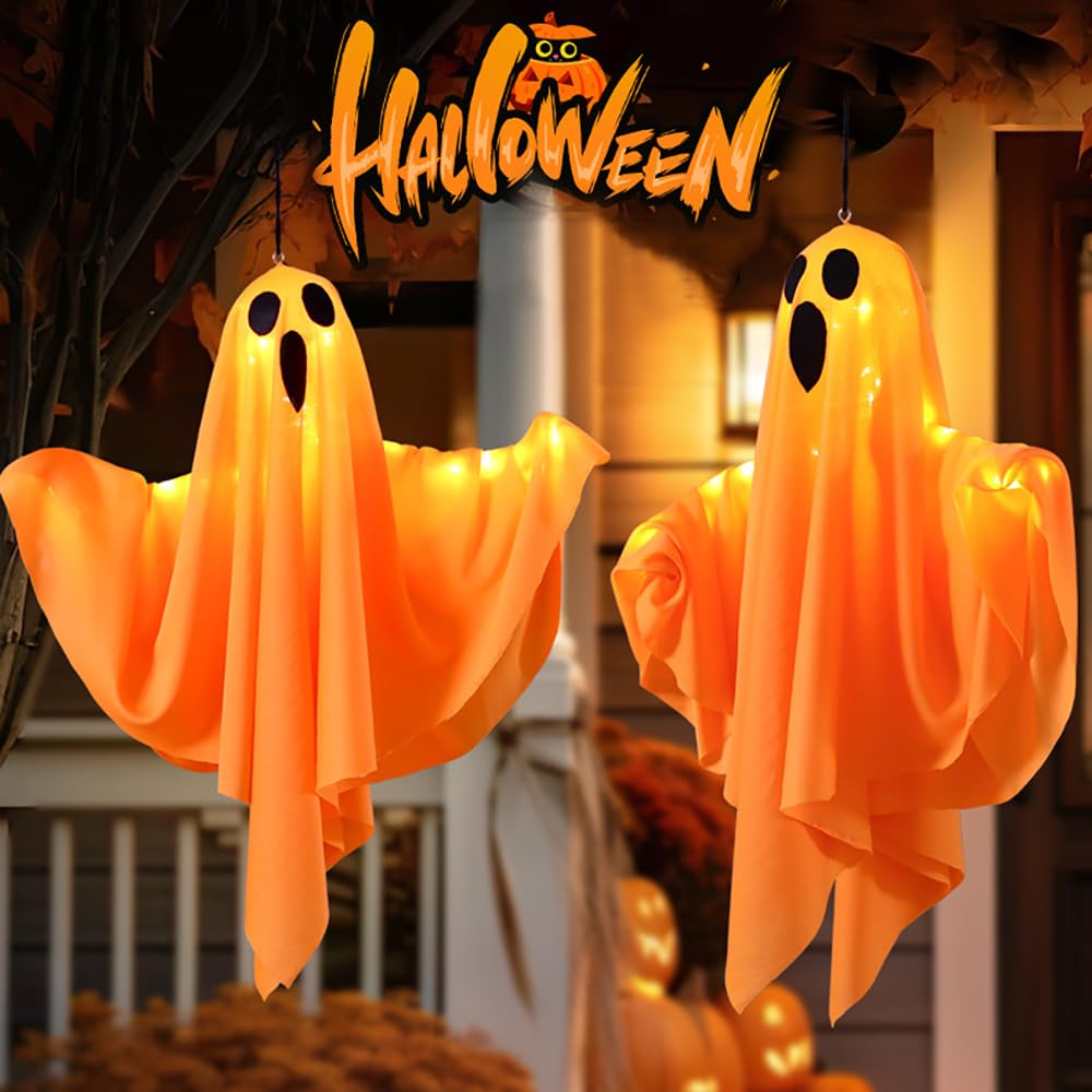 MUMOO BEAR Battery Operated Hanging Ghost Face Scream Lights for Halloween Decoration, 2 Pack Scary Decorations for Indoor Outdoor Party Supplies (Orange)