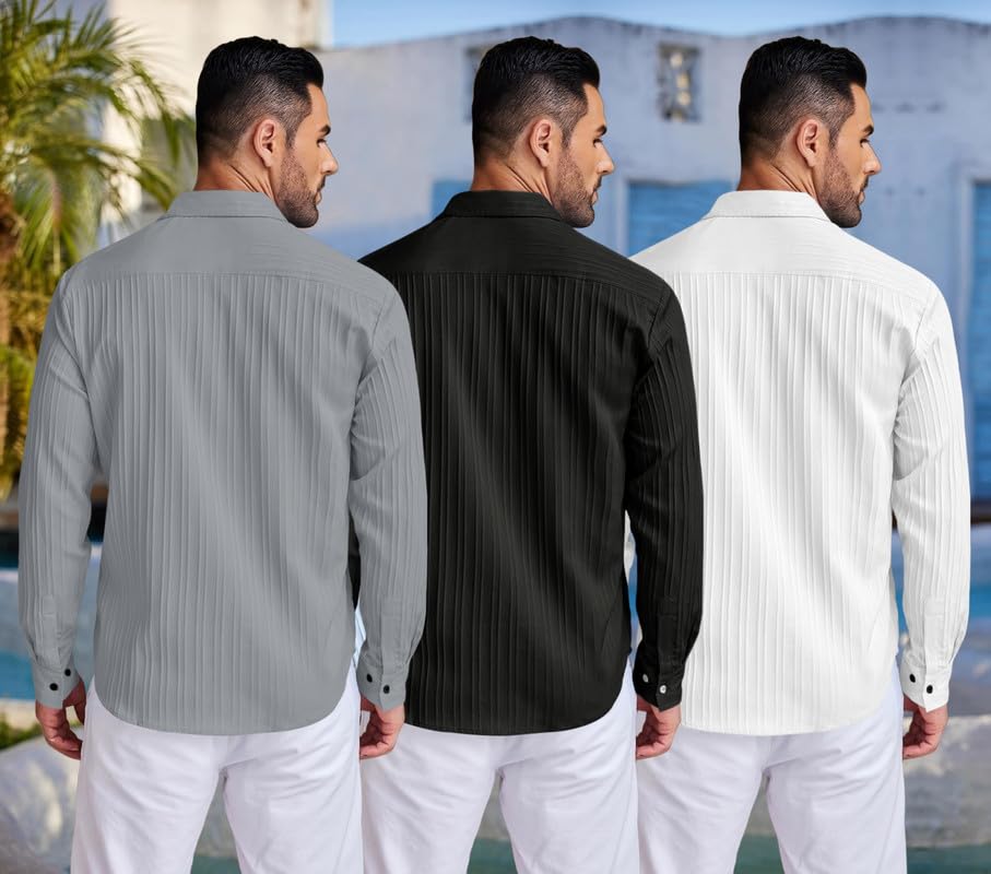 Image of FINIVO FASHION Combo of Men's Casual Cotton Plain Button Down Shirt Long Sleeve Textured Summer Beach Shirt for Men Pack of 3
