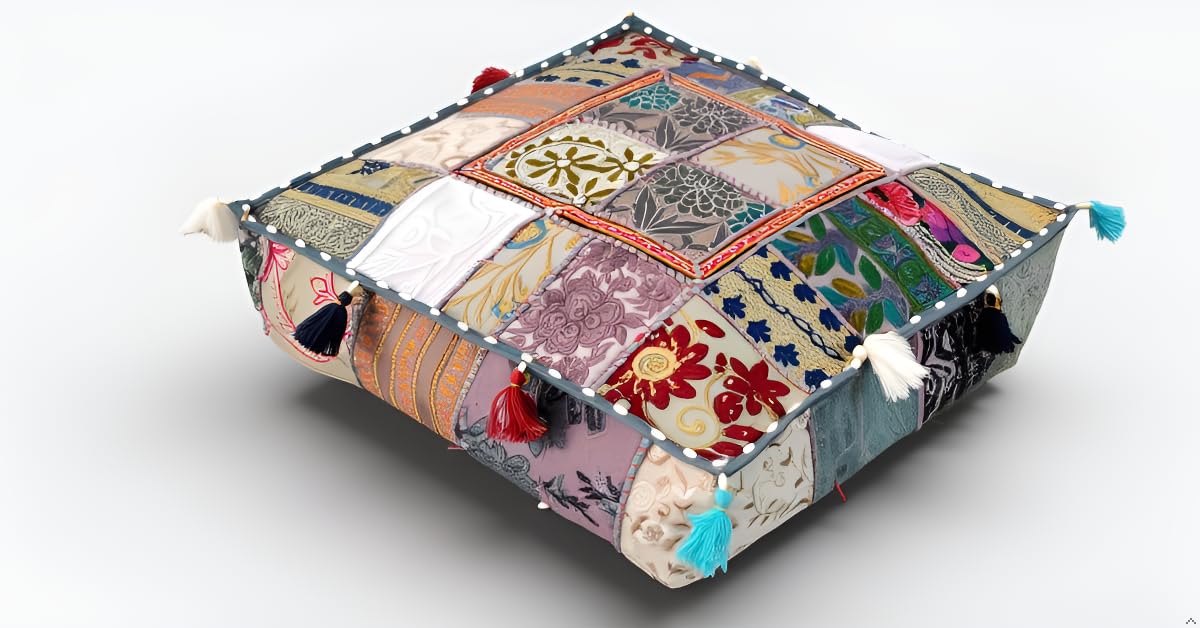CRAFT KALA Indian Square Patchwork Traditional Pouf Cover Indian Living Room Poufs Decorative Embroidered Designer Ottoman Home Footstool Chair Cover Decor Pillow Cover 18x18x5 inches, Grey โ image 1