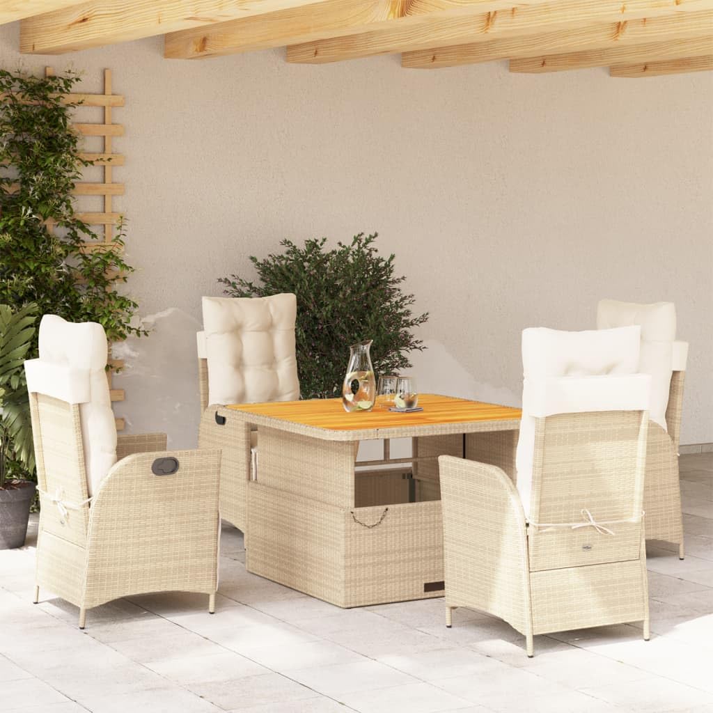 5-TLG. Zestaw jadalny, beżowy, poly rattan, regulowany stół i fotel relaksacyjny z poduszką, odporny na promieniowanie UV, na taras, balkon, do użytku na zewnątrz