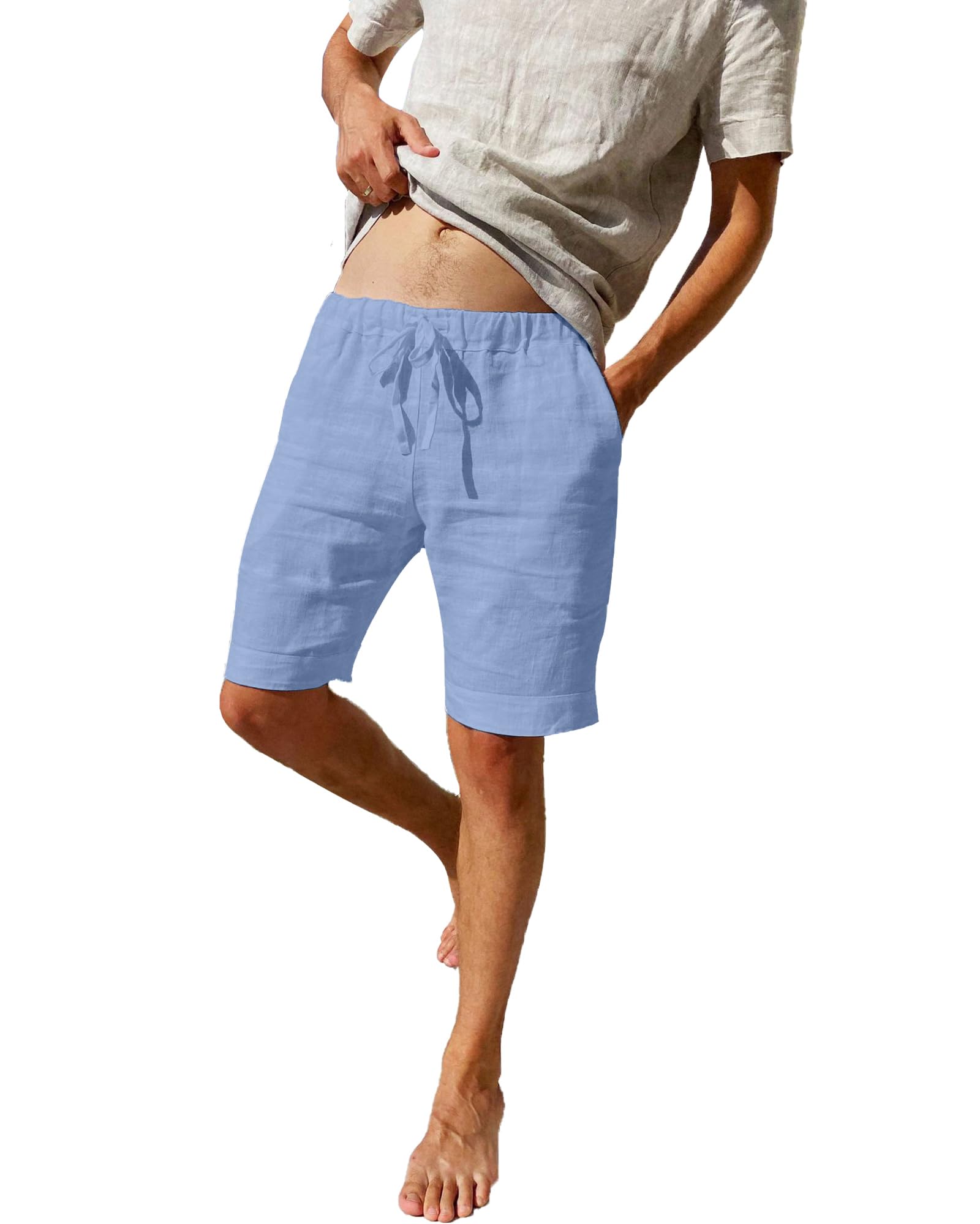 LVCBL Shorts Herren Kurze Hosen Herren Baumwolle Leinen mit Gummizug Freizeithose Shorts Herren Sommer Casual Leicht mit Tasche M-3XL