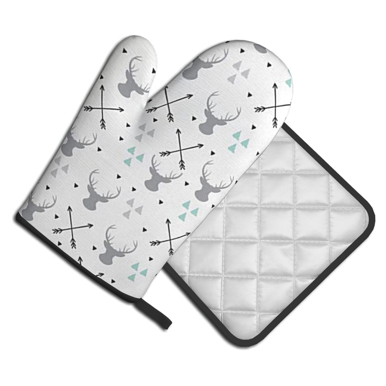 Oven Mitts and Pot Holders Set of 2 Pcs, Hunting Arrows Triangles Deer Printed Heat Resistant Kitchen Gloves Potholders for Cooking Baking Grilling