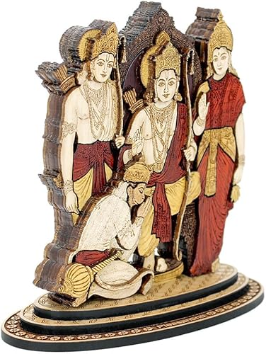 Miniatura 3 de Estatua tallada en madera Ram Darbar de 4 pulgadas en maderas duras exóticas - Ídolo de madera de la familia Ram Ji hecho a mano con Hanuman para