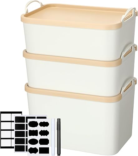 Contenedores de almacenamiento de plástico grandes y pequeños con tapas de estilo bambú, apilables, color blanco, con asa, calcomanías y marcadores,