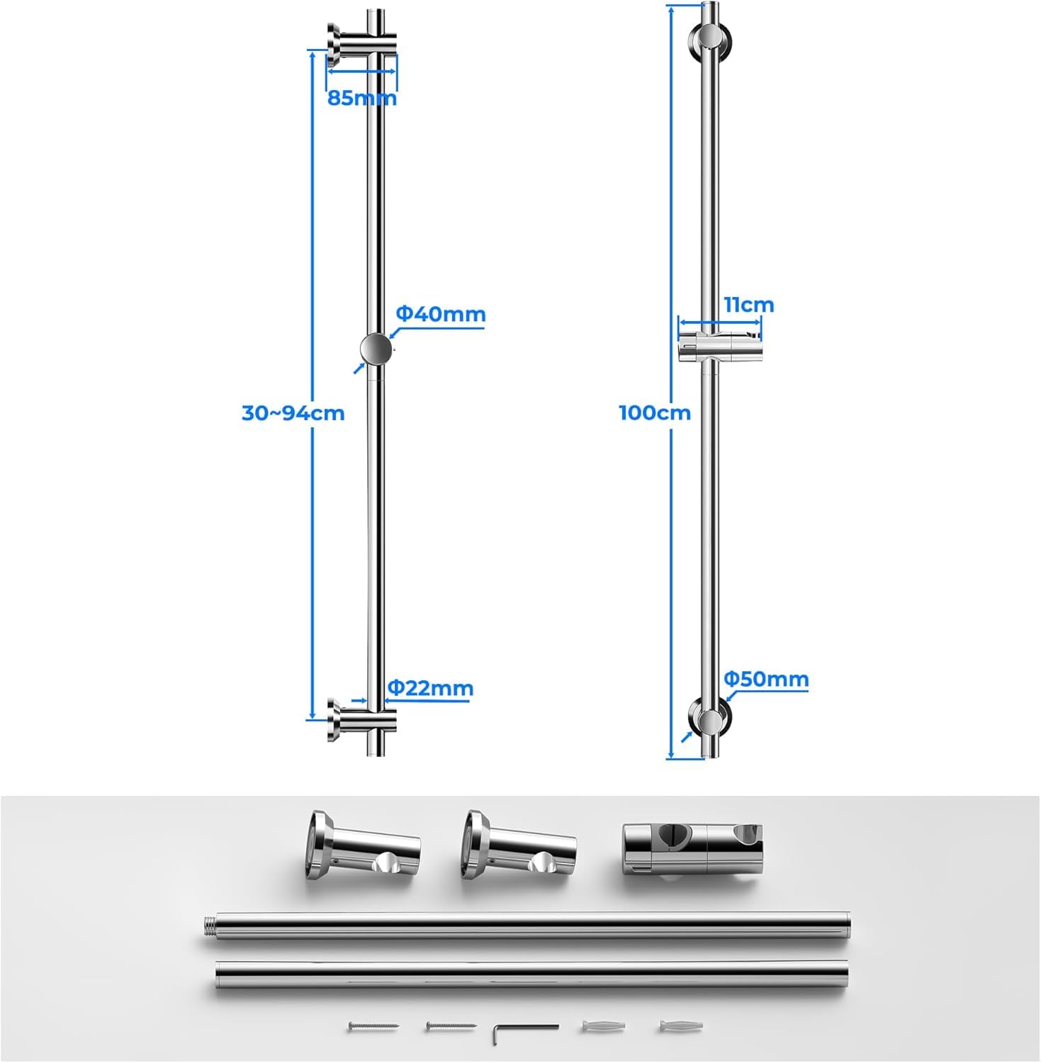Görbach Duschstange -100 cm Edelstahl Brausestange– 22 mm Ø, flexibel 30–94 cm verstellbare Wandhalter, passend für vorhandene Bohrlöcher, höhenverstellbar & passend für alle Handbrausen