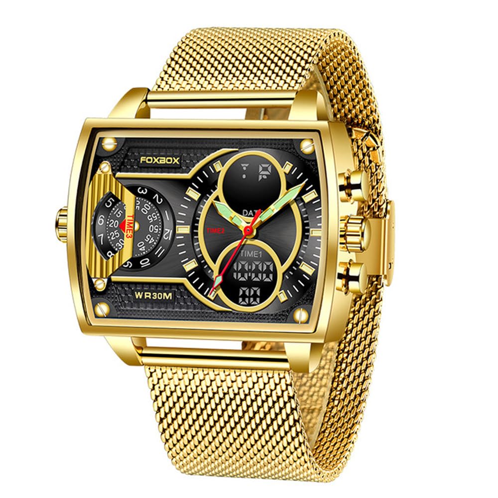 Weicam Luxury Men Square Dial Digital Watch Lumious Waterproof Analog Quartz Wrist Watch Dual Display Business Watch (Gold)