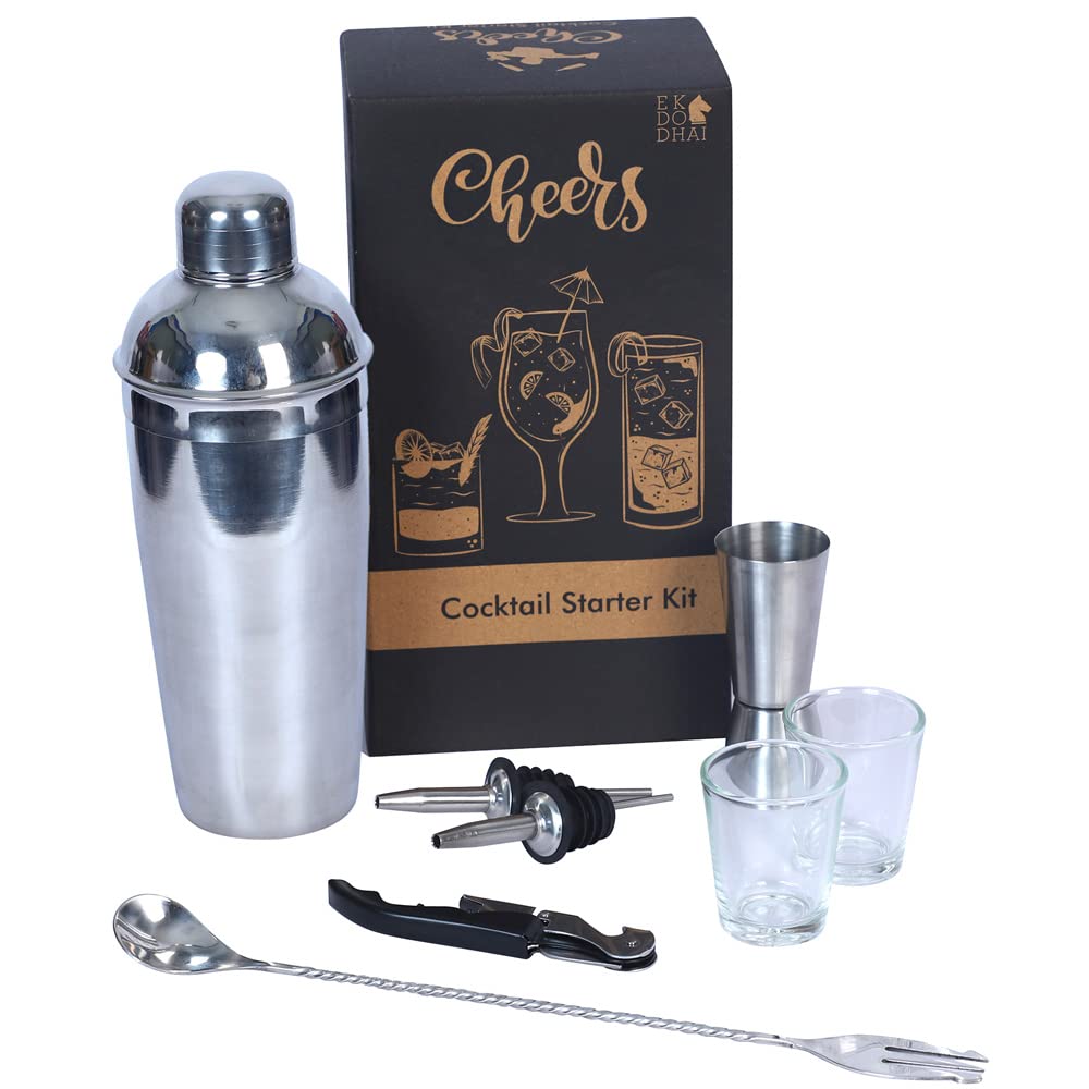 Ek Do Dhai Cocktail Set | Food Grade Stainless Steel Bar Kit | Bar Set for Home Martini Cocktail Shaker+Jigger Liquor+Pourers Spoon & Fork+Shot Glasses Bar Set for Gift 8pcs | Cocktail Kit L 8 pcs |