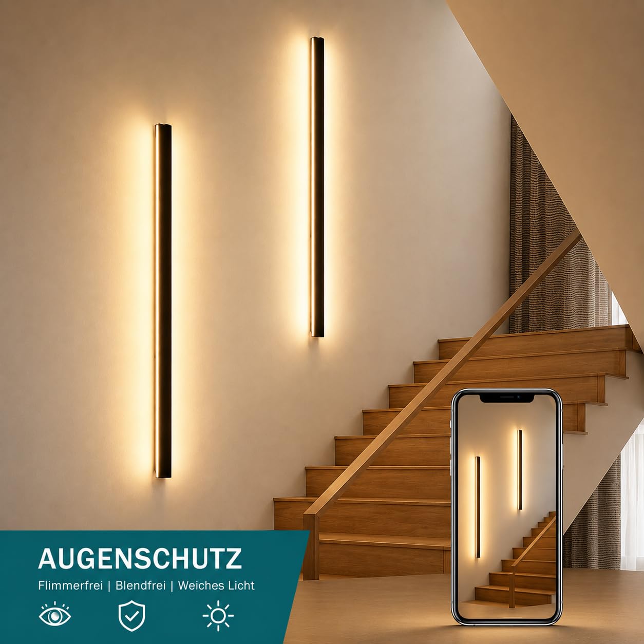 ZMH 2ER LED Wandleuchte innen Wandlampe - 100CM Schwarz Modern Flurlampe Schwenkbar Design Treppenhauslampe Indirekt Dimmbar Warmweiß Wandbeleuchtung für Wohnzimmer Schlafzimmer Flur Treppenhaus Bett