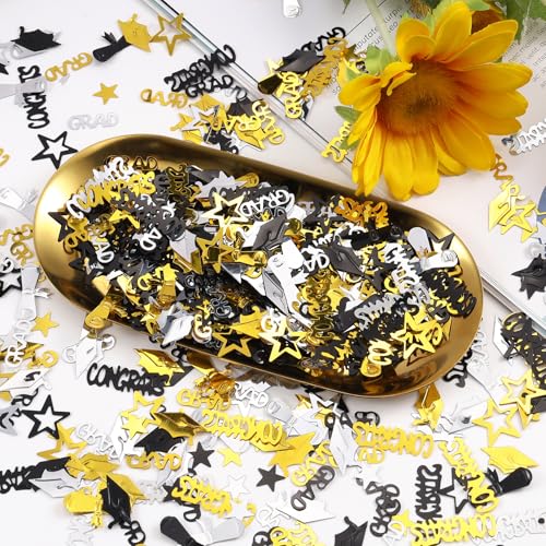 Image of Silver Gold and Black Graduation Confetti 2026, 1000 Pcs Congrats Grad Confetti Class of 2026 Party Table Centerpiece for Graduation Party Decorations