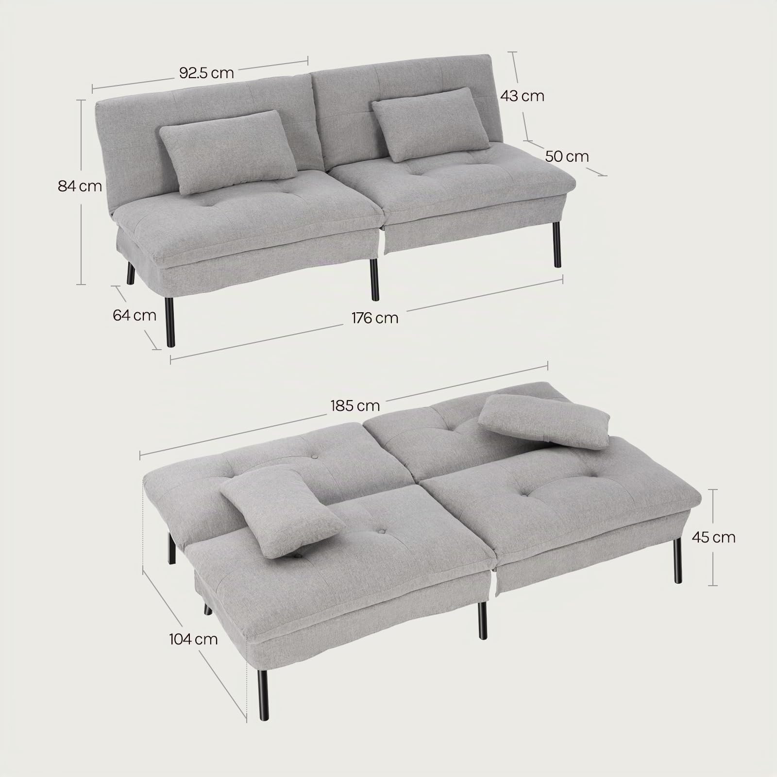WOLTU Divano Letto 2 Posti, 2 Cuscini, Schienale Regolabile, Grigio Chiaro